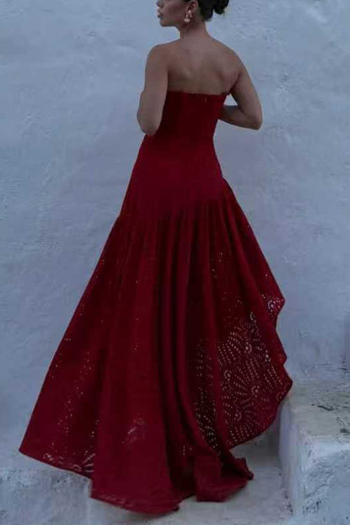 Strapless Hollow Out Lace Irregular Hem Maxi Dress