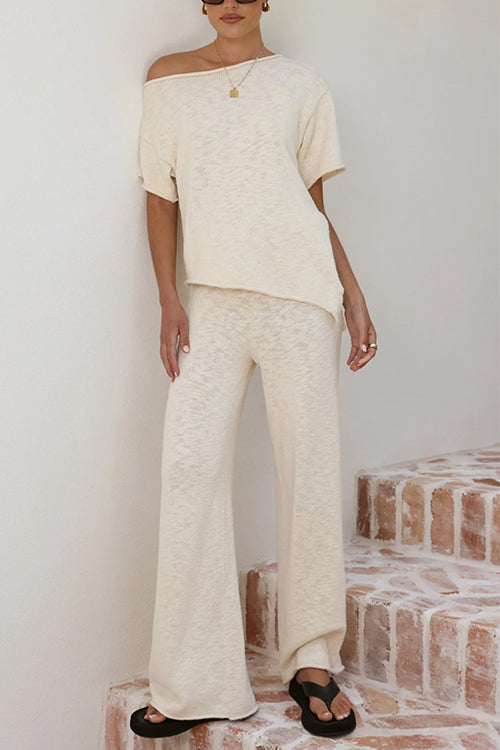 Stylish Asymmetrical Shoulder Short Sleeves Knit Top