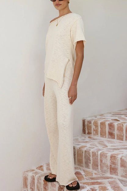 Stylish Asymmetrical Shoulder Short Sleeves Knit Top