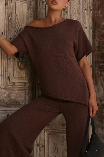 Stylish Asymmetrical Shoulder Short Sleeves Knit Top