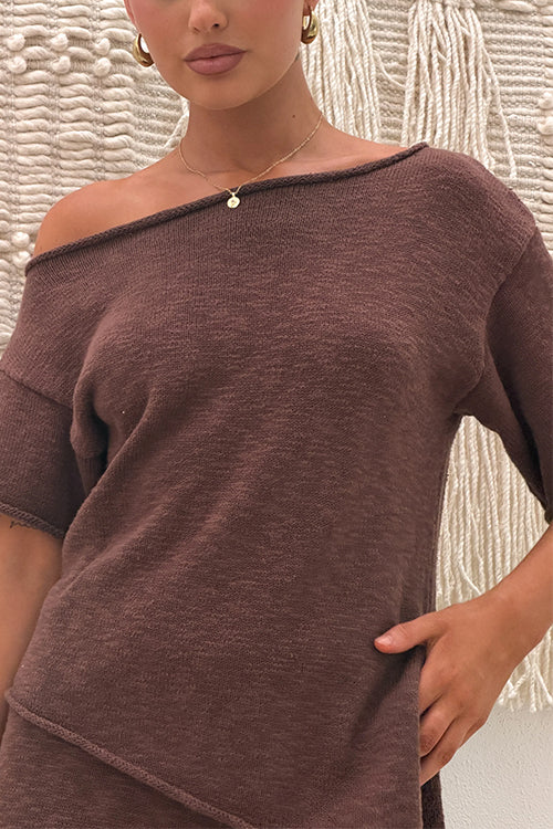 Stylish Asymmetrical Shoulder Short Sleeves Knit Top