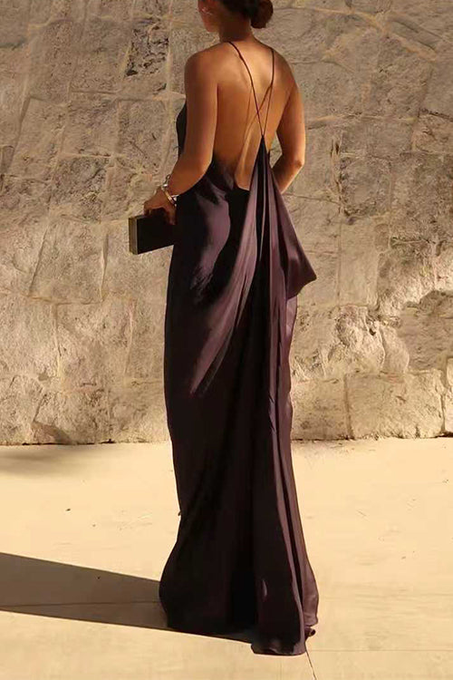 Sleeveless Open Back Solid Satin Maxi Dress