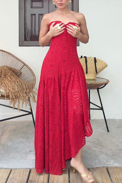 Strapless Hollow Out Lace Irregular Hem Maxi Dress