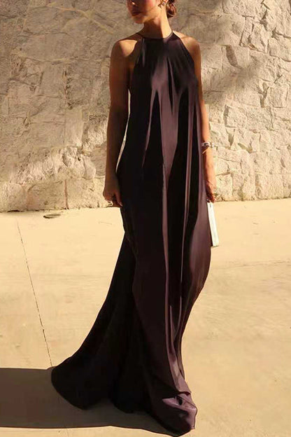 Sleeveless Open Back Solid Satin Maxi Dress