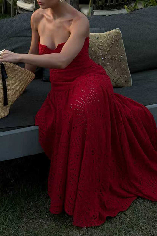 Strapless Hollow Out Lace Irregular Hem Maxi Dress