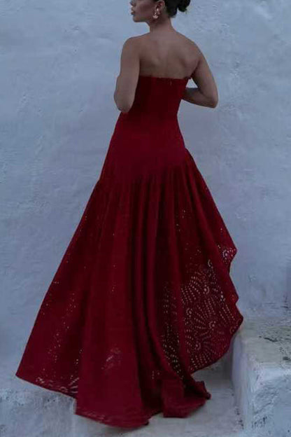 Strapless Hollow Out Lace Irregular Hem Maxi Dress