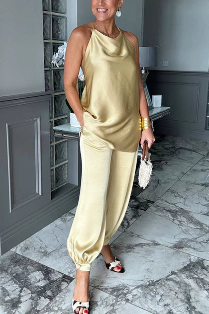 Sleeveless Open Back Top and Balloon Pants Satin Set