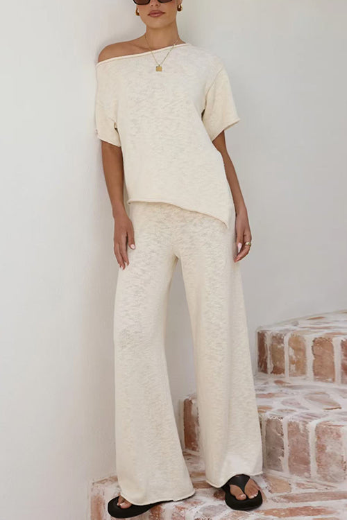 Stylish Asymmetrical Shoulder Short Sleeves Knit Top