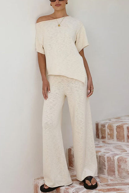 Stylish Asymmetrical Shoulder Short Sleeves Knit Top