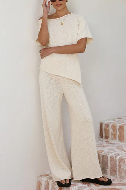 Stylish Asymmetrical Shoulder Short Sleeves Knit Top